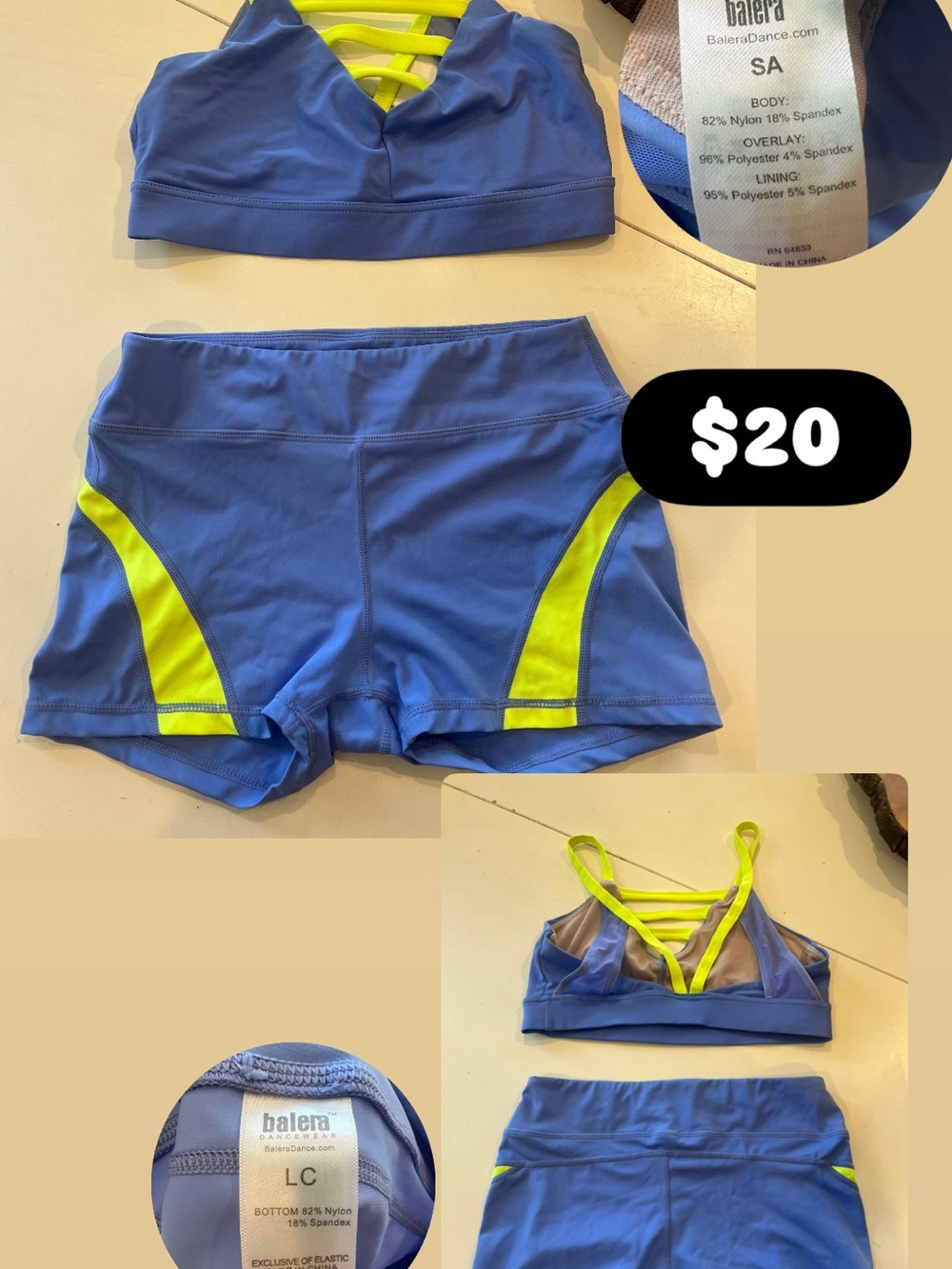 balera Periwinkle Blue Sports Bra & Shorts Set with Neon Yellow Trim